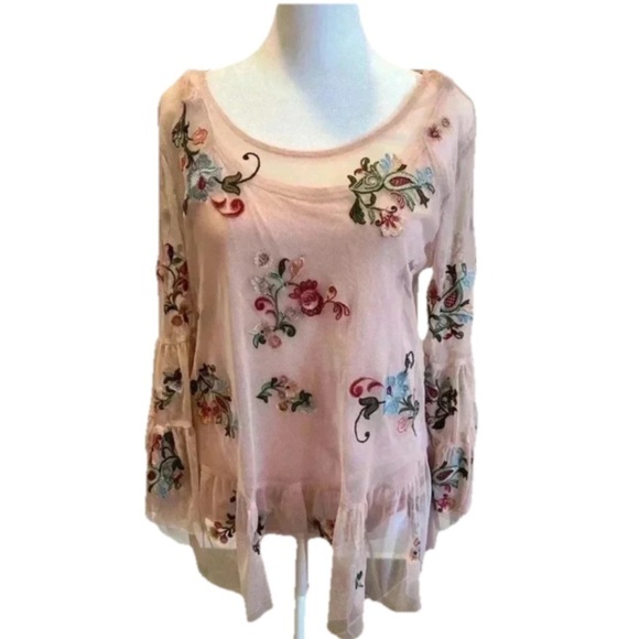 Democracy Tops - Democracy fairycore Floral 3/4 Sleeve whimsy Embroidered Sheer Shirt floral